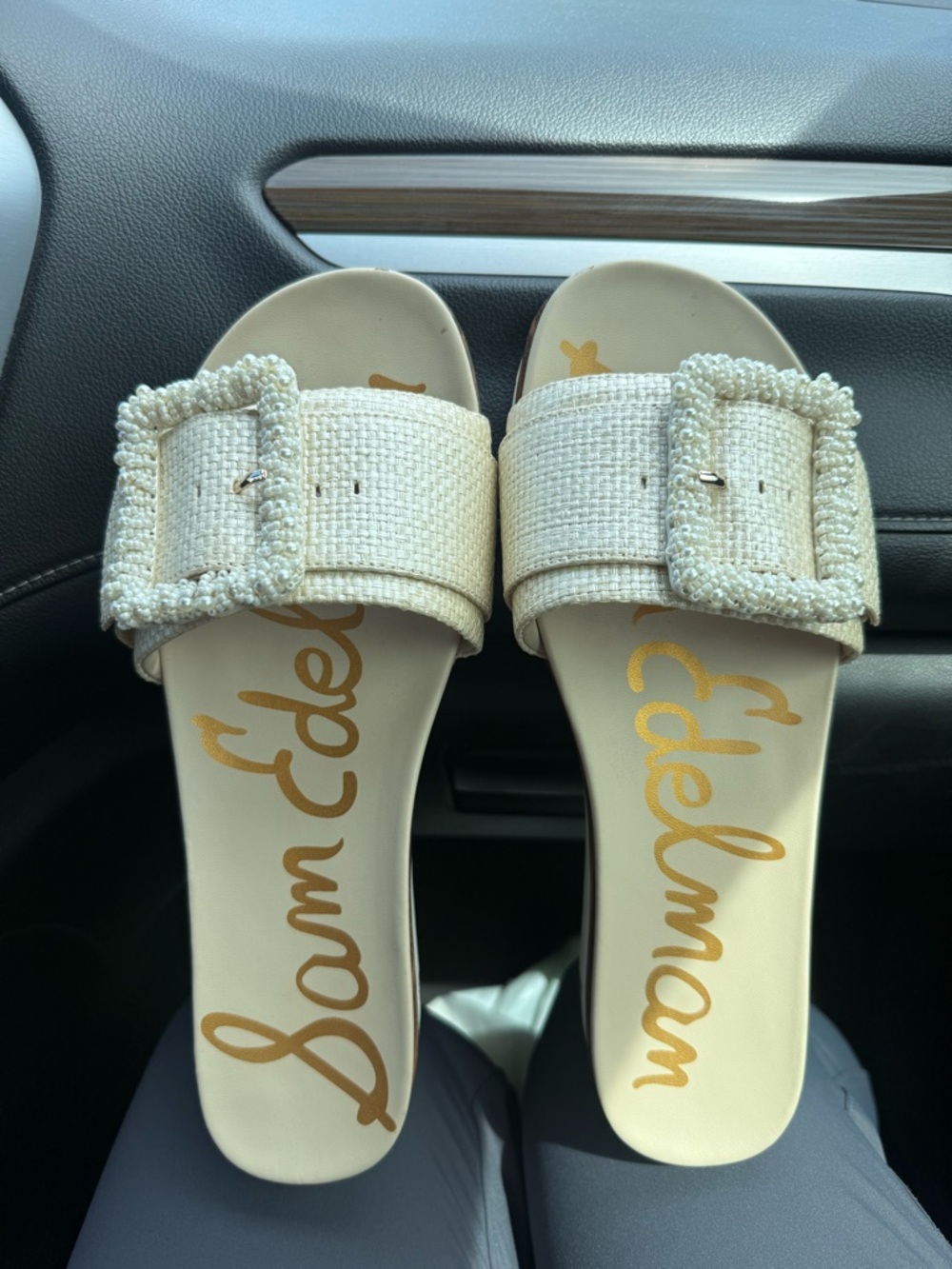 Sam Edelman Cream Beaded Buckle Slide Sandals 9